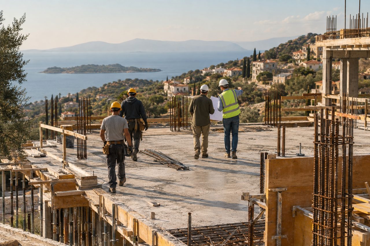 Yapım aşamasındaki bir binada ekip ve plan